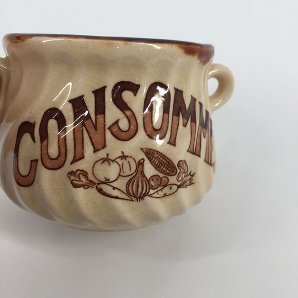 Vintage Consomme Soup Bowl Brown Cream Cottage Ceramic Made In Japan Handled Old - Picture 7 of 7